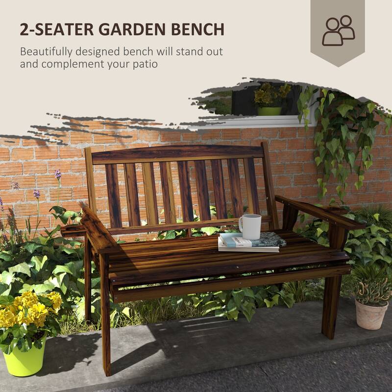 Carbonized Fir Wood Garden Bench for Patio or Backyard 2-Person Seating with Built-in Cup Holders