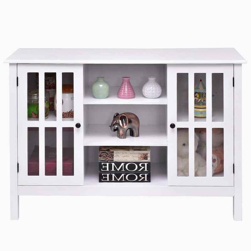 Modern White Sofa Table with Tempered Glass Doors and Ample Storage - 43"W x 16"D x 30"H