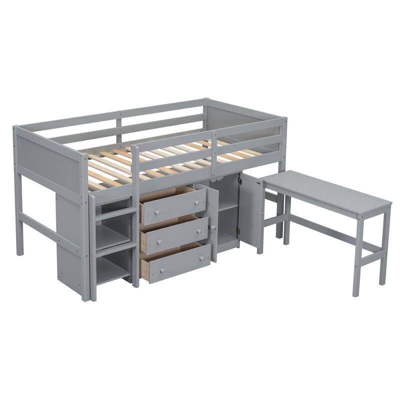 Twin Size Wood Low Loft Bed With Pull-Out Desk, Drawers, Cabinet, and Shelves