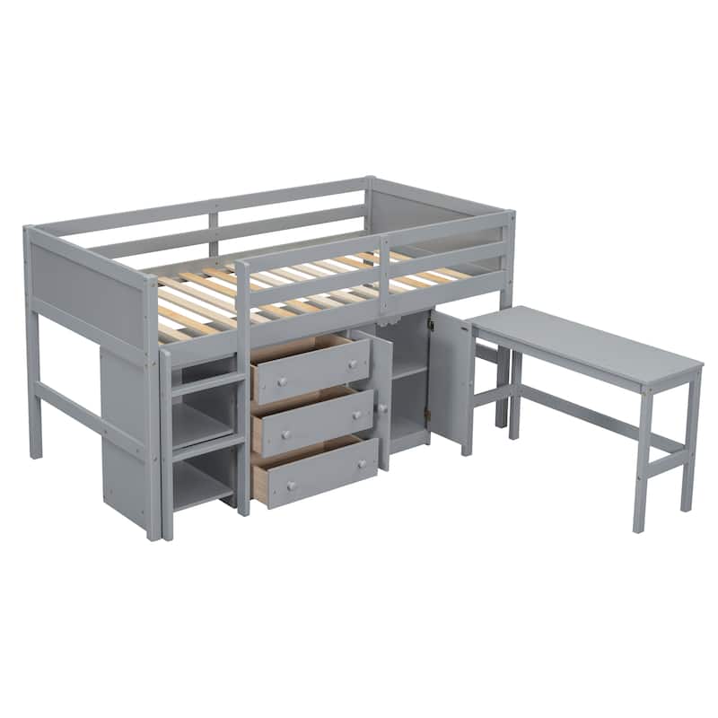 Twin Size Wood Low Loft Bed with Pull-Out Desk