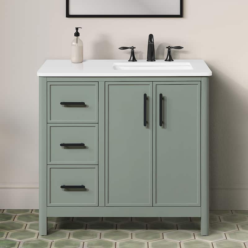 OVE Solas Bathroom Vanity with White Engineered Stone Top - Sage Green - 36"