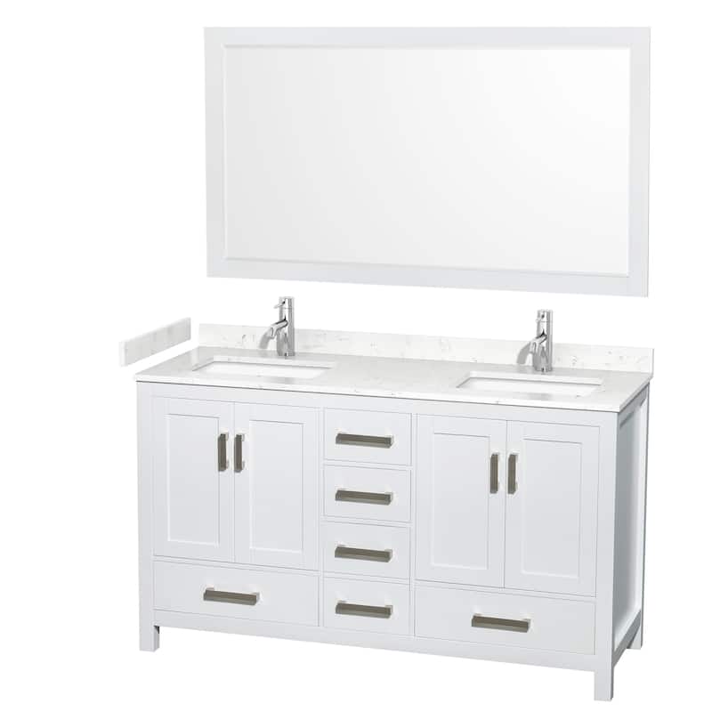 Sheffield Bathroom Vanity Set, Cultured Top, 58-Inch Mirror - 60-Inch Double - White, Carrara Cultured Marble Top, Chrome Trim
