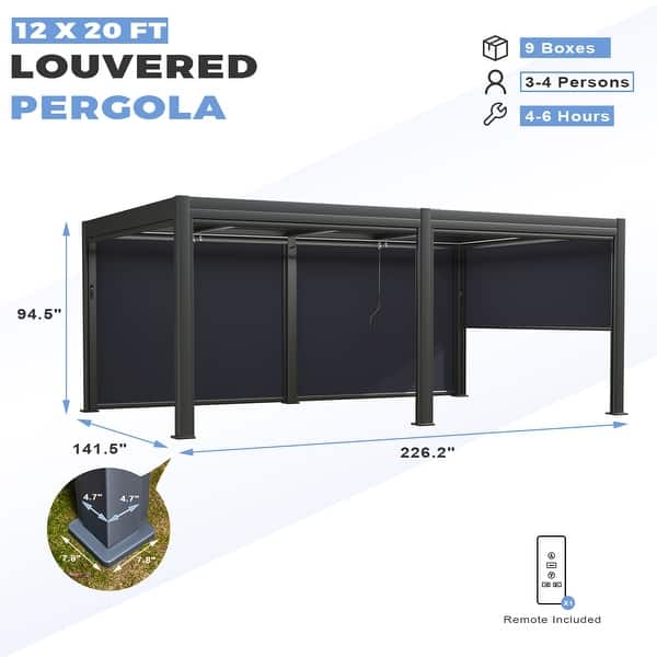 dimension image slide 25 of 30, EROMMY Outdoor Louvered Pergola Gazebo with Adjustable Aluminum Rainproof Roof