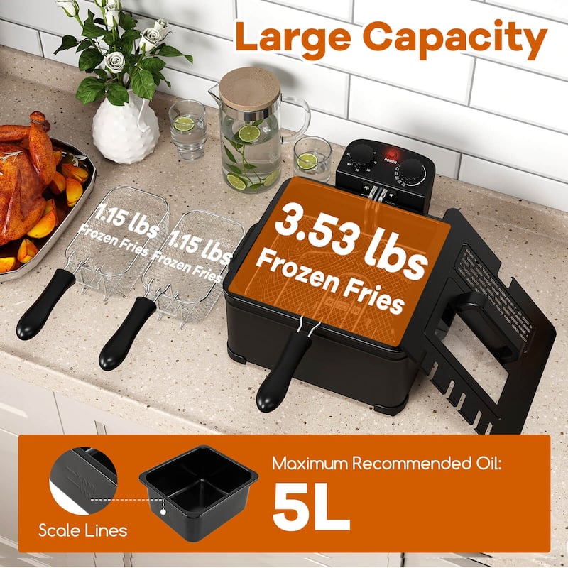 Costway 5 Liter Electric Deep Fryer 1700W Oil Fryer with 3 Detachable