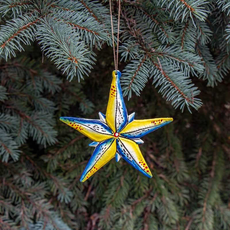 Bright Star and Christmas Tree Haitian Metal Drum Ornaments, Set of 2 - N/A