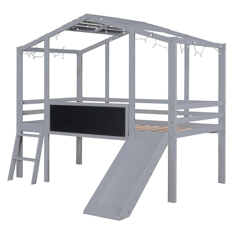 Loft Bed with Ladder and Slide, House Bed with Blackboard and Light Strip on the Roof