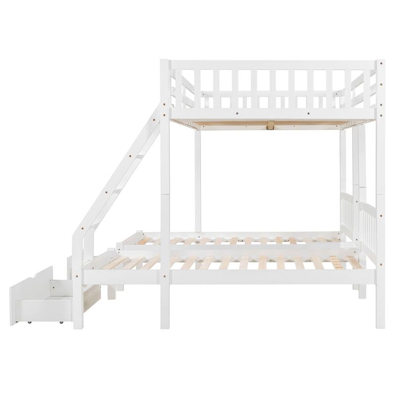 White Wood Triple Bunk Bed with Drawers, Full Over Twin & Twin, Guardrails Included