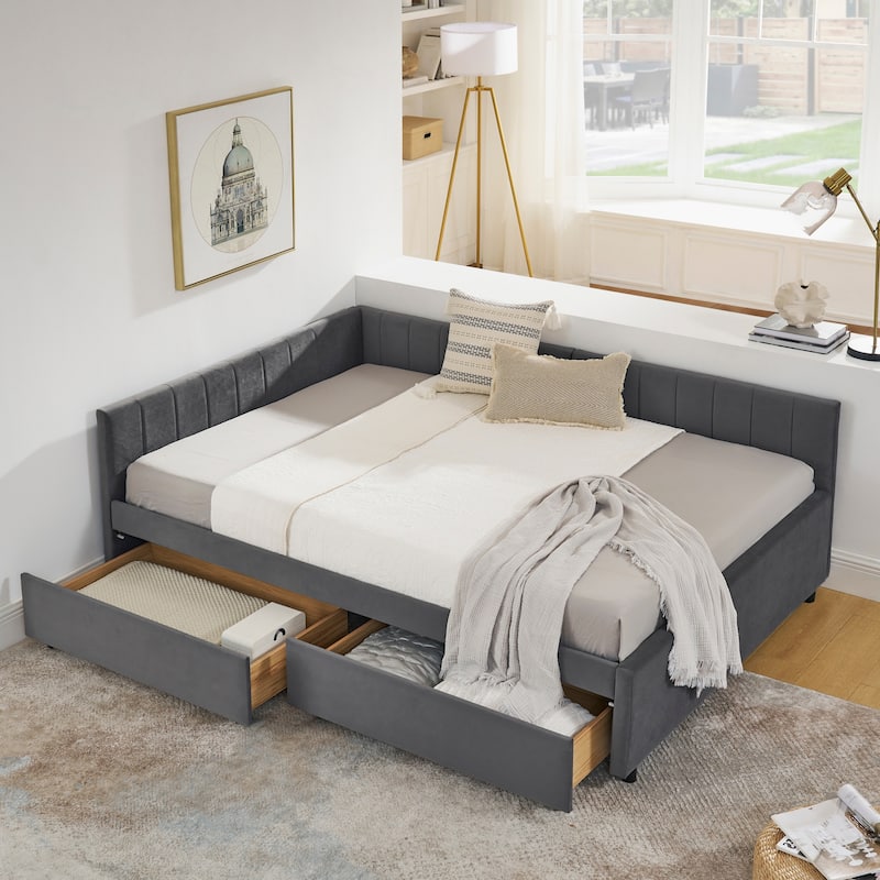 Full Size Upholstered Tufted Daybed, L Shaped Velvet Fabric Sofa Bed Frame with Two Drawers, Wooden Slats Support
