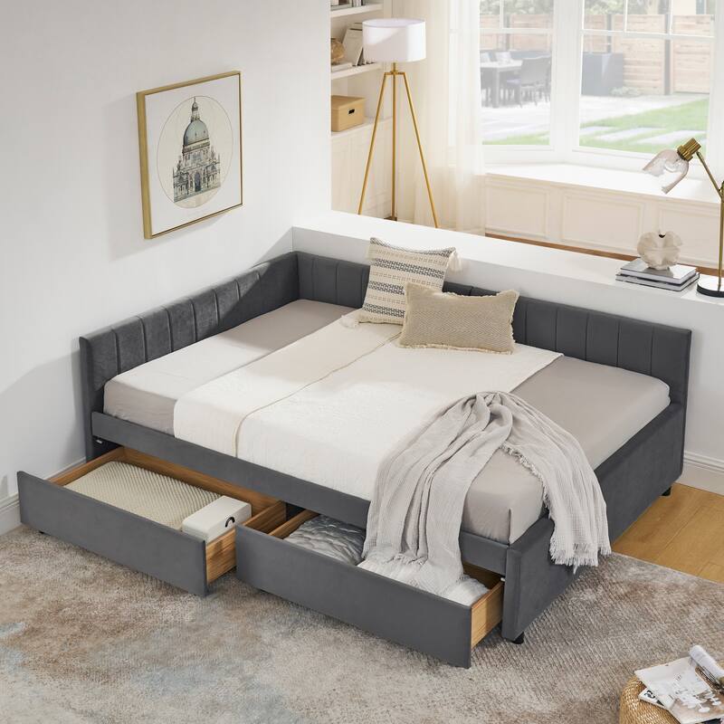 Roomfitters Full Velvet Daybed with Two Storage Drawers, Upholstered Sofa Bed Frame with Backrest and Armrests