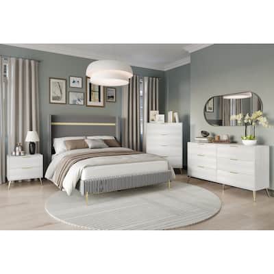 CraftPorch Corduroy 4-pieces Glam Grey Bed with Light Grey Furniture Bedroom Set