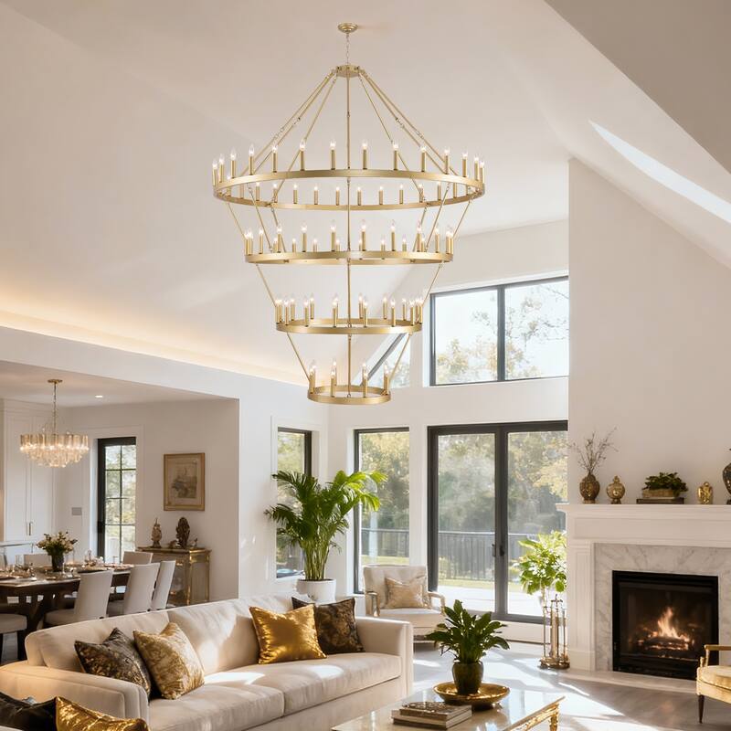 70.87INCH Tiers Wagon Wheel Chandelier Farmhouse 60-Light, Gold Color Metal 4-Story Light Fixtures Adjustable Height E12 - Gold