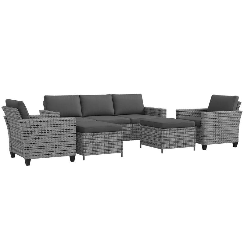 5PC PE Rattan Patio Set, Armchairs, Footstools, Cushions