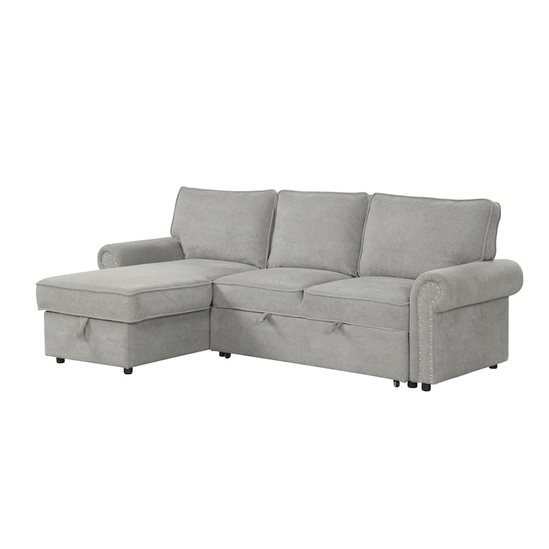 Convertible Sectional Sleeper Sofa with Storage Chaise, Pull-Down Backrest, Dual Cup Holders, Arc Armrests and Nailhead Trim