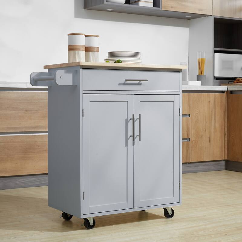 Kitchen Island cart Rolling Trolley cart with Drawer, Storage Cabinet & Towel Rack, Gray