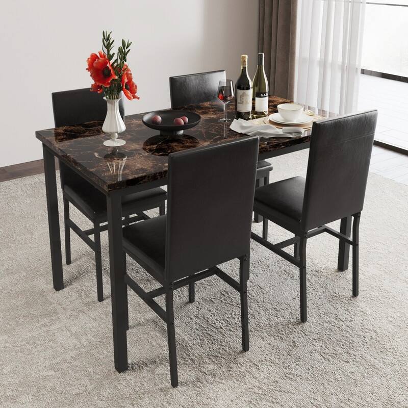 Grondin Modern Contemporary 5 Pieces Dining Table Set with Faux Marble Top and 4 PU Leather Upholstered Chairs
