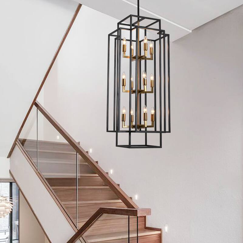 12 Light Black Industrial Metal Chandelier Fixture Rustic Lantern Pendant Lighting - Black&Gold