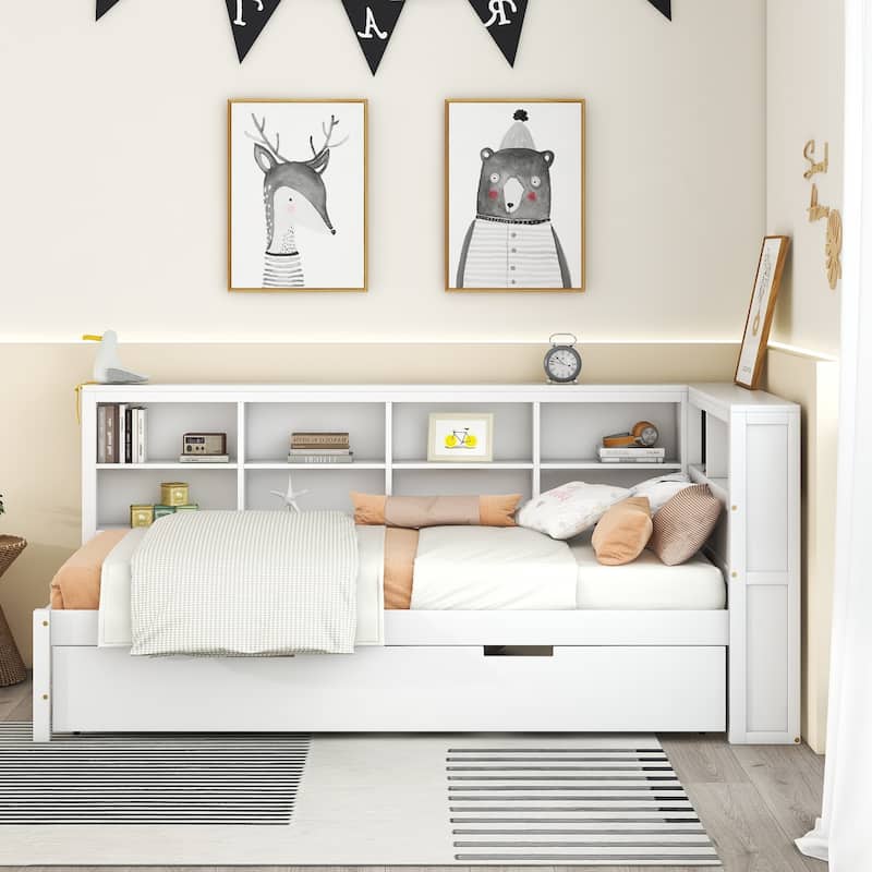 Wood Twin/Full Size DayBed with Twin Trundle, Storage Shelf and USB Charging Ports - White - Twin