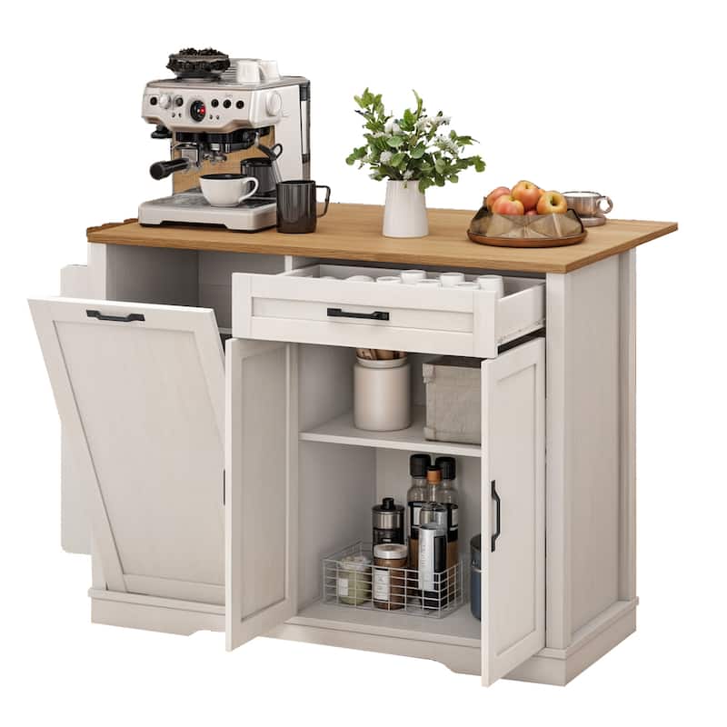 Moasis Rolling Portable Kitchen Island With Trash Can Storage Cabinet and Drawer&Floating Tabletop - White