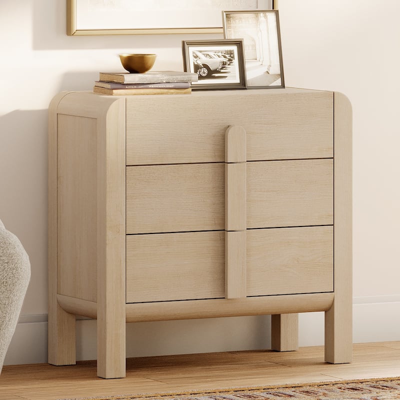 WAMPAT Modern Wood Nightstand With 3 Drawers ,31.5" Large Mid-Century End Table,Curved Bedside Table Storage Cabinet For Bedroom