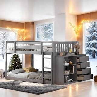 Luxury Full over Full Bunk Bed with 4 Drawers, 3 Shelves and Built-in Ladder for Maximized Space, Grey