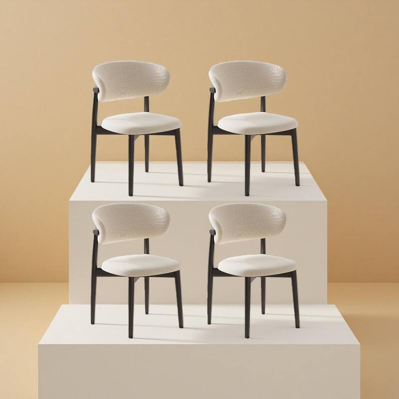 Mid-Century Dining Chair, Solid Wood Legs, Kitchen Chairs with Beige Cotton & Linen Fabric, Fully Assembled - Black-Set of 4