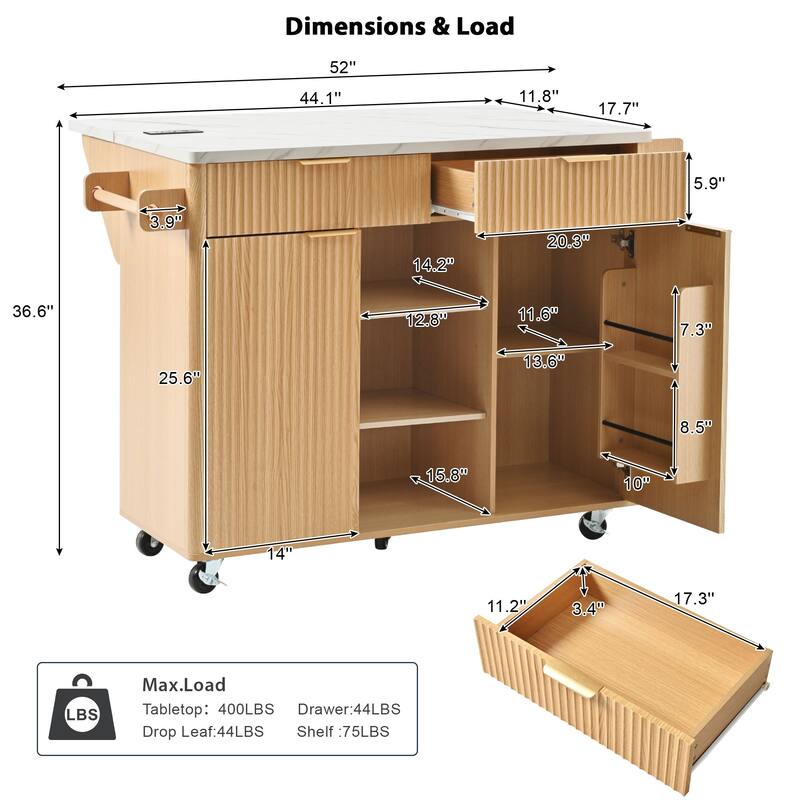 Roomfitters 52" Fluted Kitchen Island with Drop Leaf, Power Outlet & Walnut Wood-Grain Top