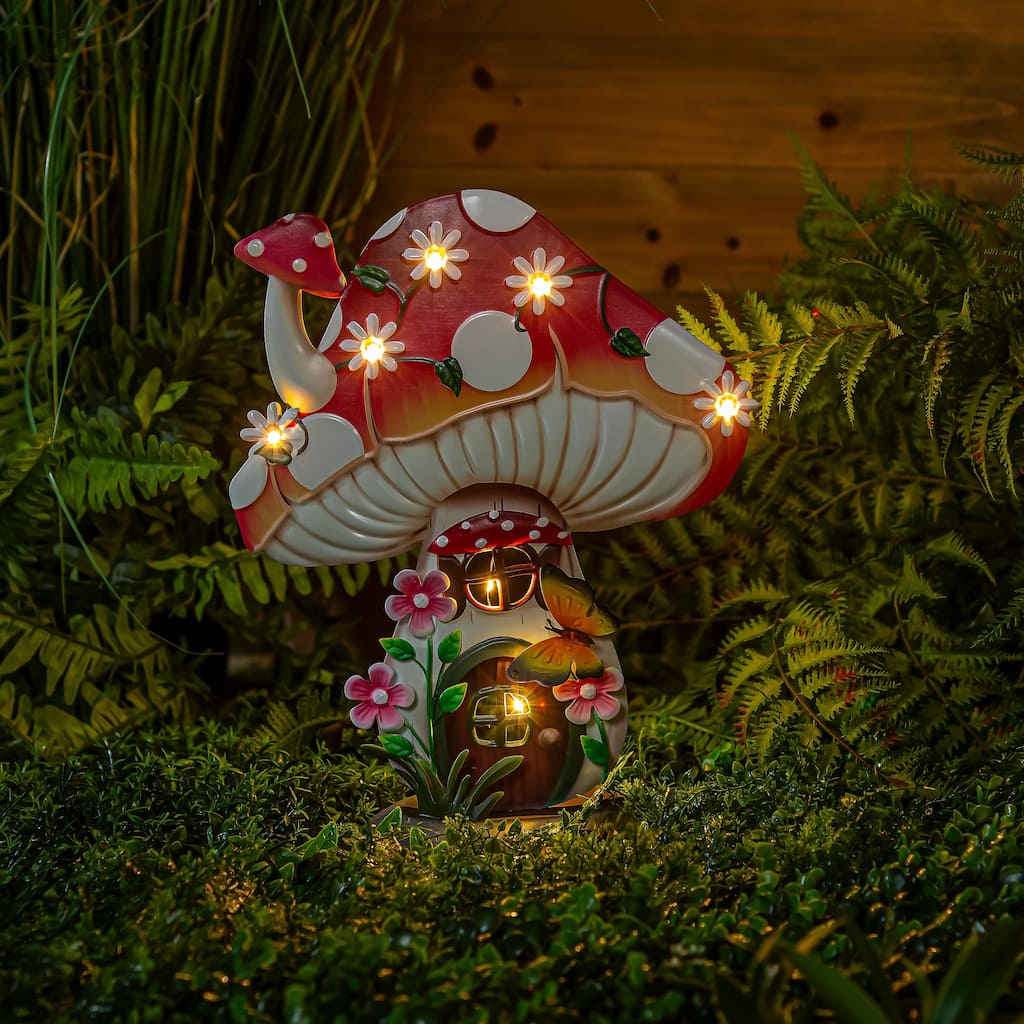 LED Metal Floral Mushroom House Statuary, 16"H