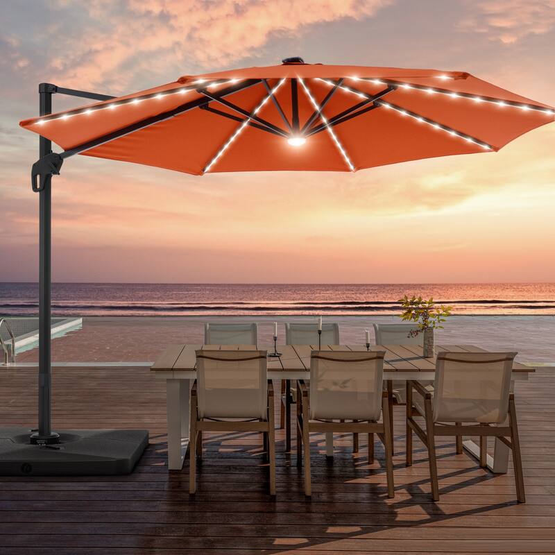 LIVOOSUN 11FT LED Round Patio Cantilever Umbrella With a Base - Red