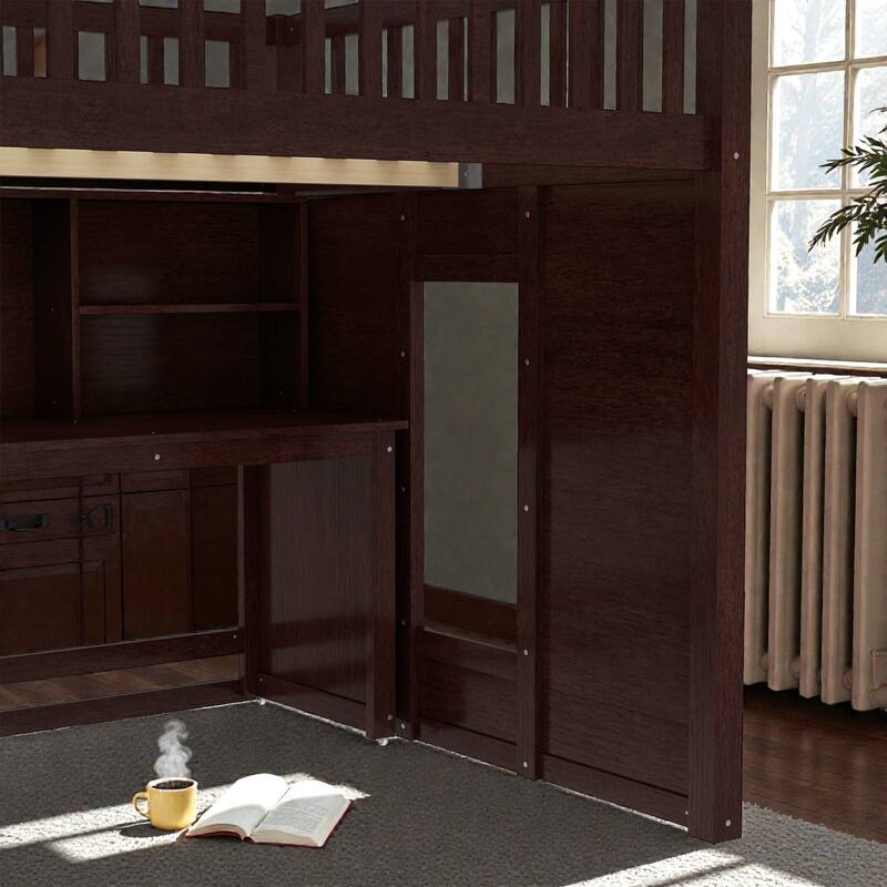 Loft Bed with Movable Desk, Storage Stairs & Shelves, Solid Wood Twin/Full High Loft Bed with Study Area & Safety Guardrails