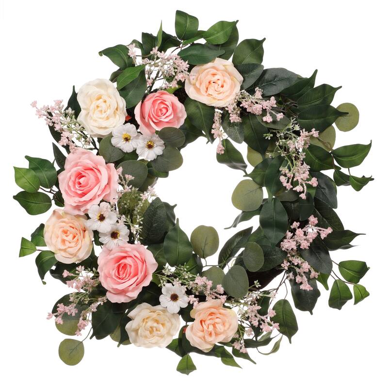 Rose and babysbreath Floral Artificial Spring Wreath, 24-Inch, Unlit