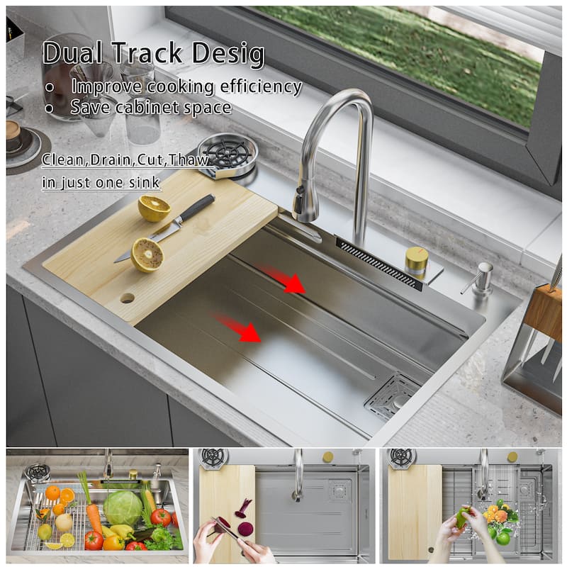 All-in-One Stainless Steel 33.2 in. Bowl Kitchen Workstation Sink
