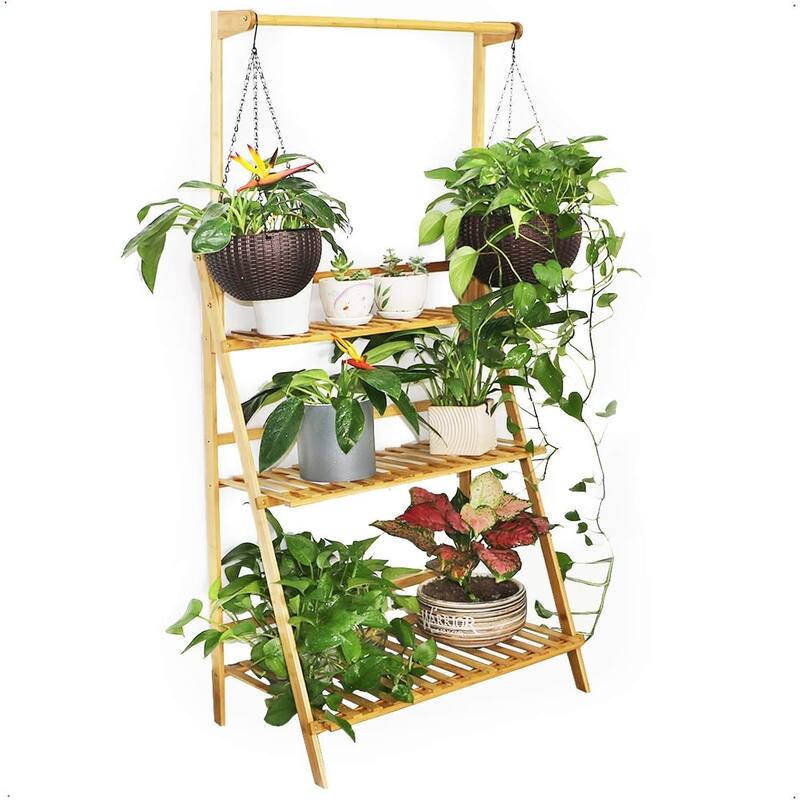39.4" Large 3 Tier Plant Stand Hanging Rack Bamboo Ladder Foldable Flower Pots