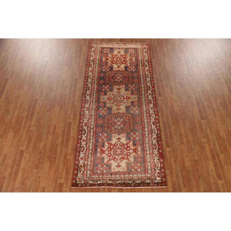 Blue Ardebil Persian Runner Rug Hand-knotted Vintage Wool Carpet - 4'4"x 10'4"