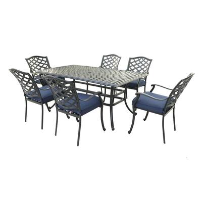 Wynn Outdoor Metal 7 Piece Lattice Armchair Dining Set, Gray, Navy Blue
