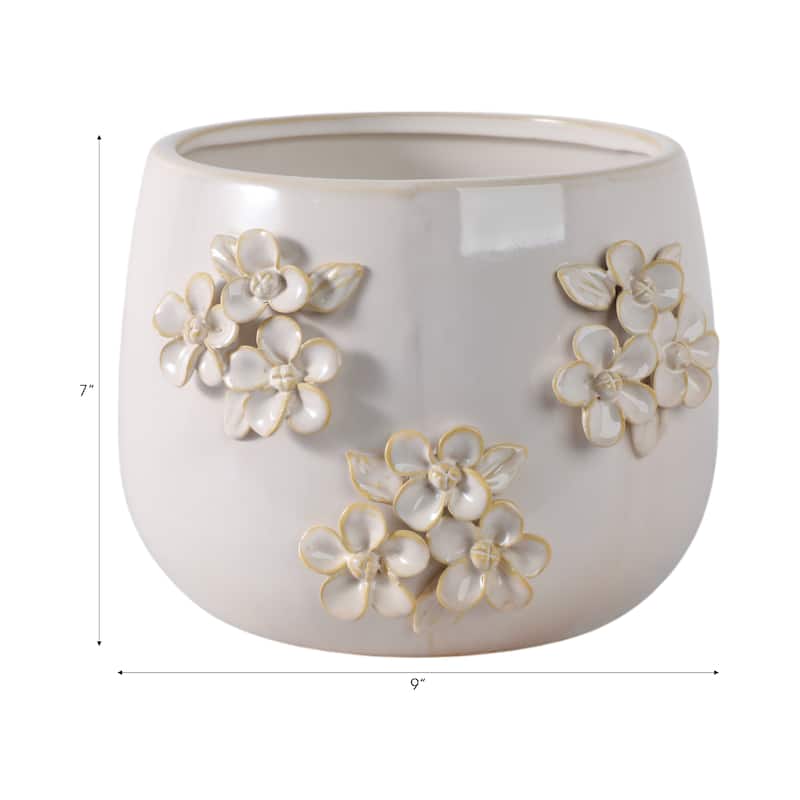 Ceramic Planter Raised Floral Detailing Glossy Decorative Display