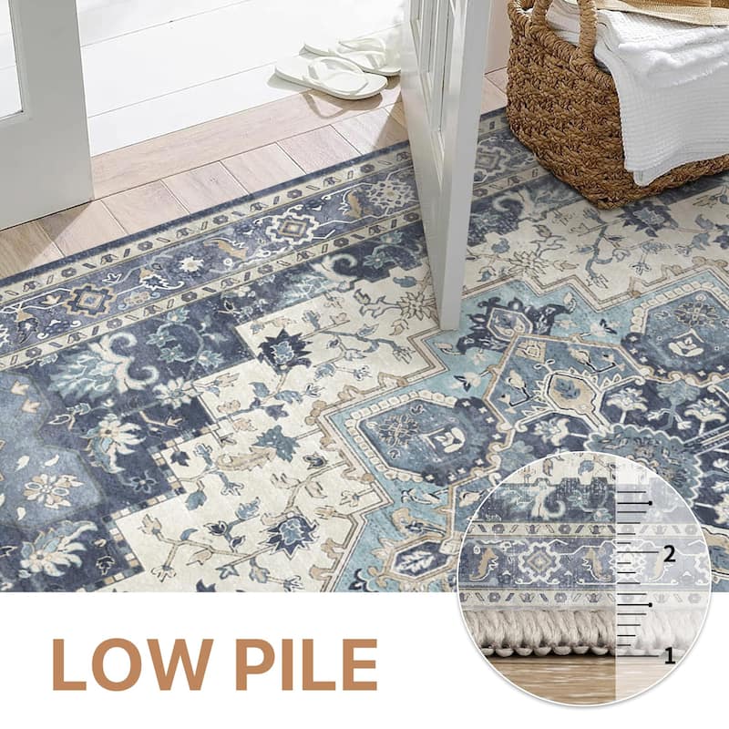 Mcow Floral Faded Low Pile Machine Washable Non-Slip Area Rug
