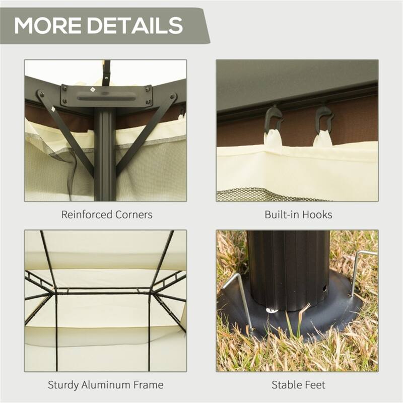 12.8 Foot Outdoor Gazebo Cream White and Brown Aluminum Frame Polyester Roof with Mesh Netting