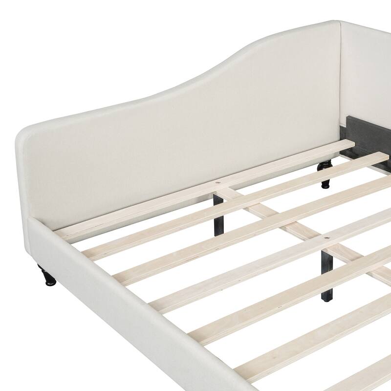 Full Size L-Shaped Daybed with Solid Wood Legs, Linen Upholstery and Semi-Enclosed Design for Living Room or Bedroom