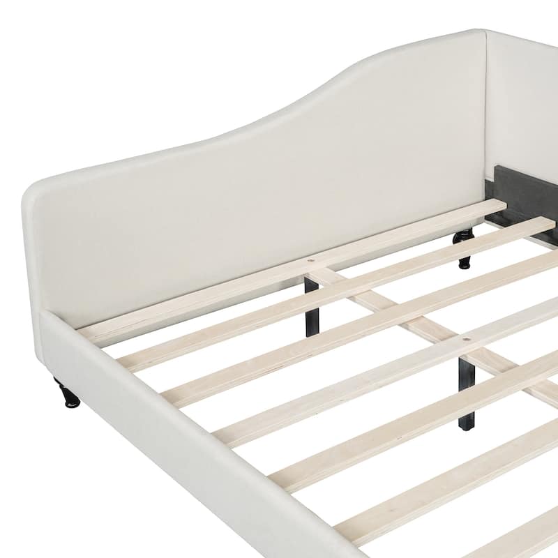 Twin/Full Size Upholstered Daybed, Linen Fabric Sofa Bed with Solid Wood Legs and L Shaped Backrest, Solid Wood Bedframe