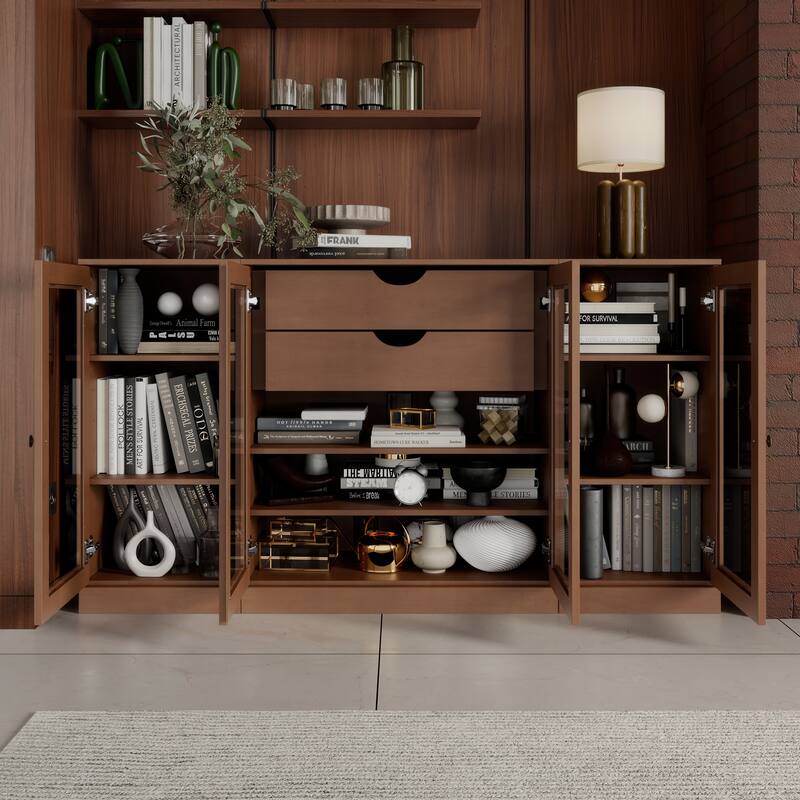 Palace Imports 100% Solid Wood 65" Sideboard with Clear Glass Doors, 2-Drawers and Adjustable Shelves