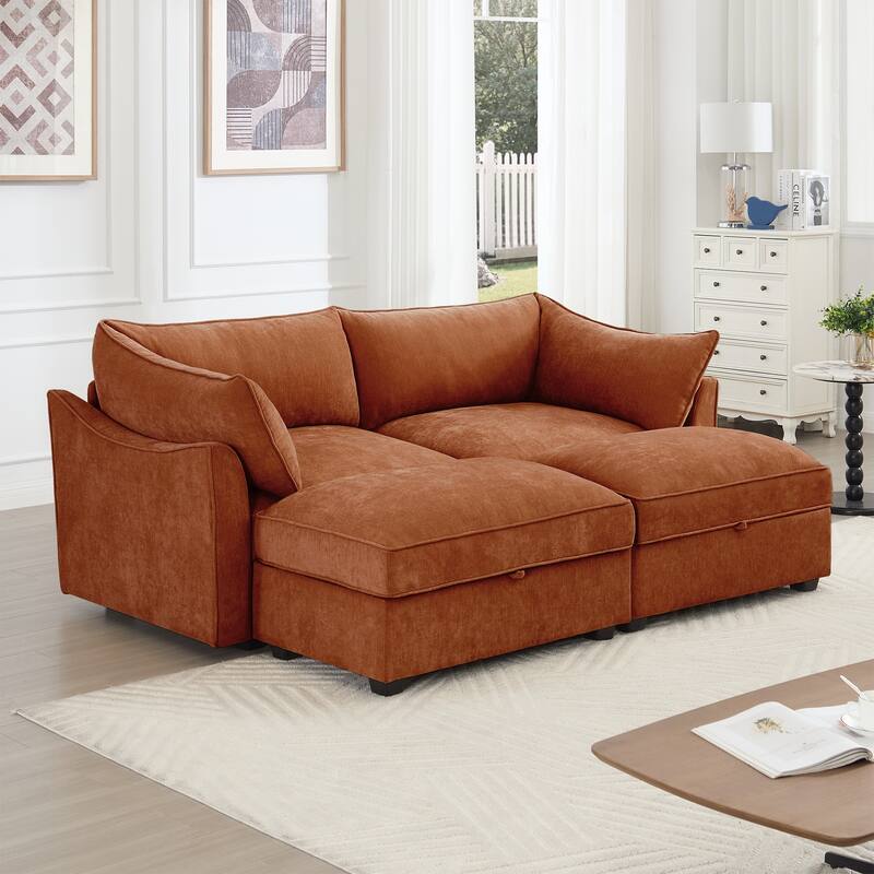 Modern Chenille Sectional Sofa Couch with Hidden Storage & 2 Ottoman