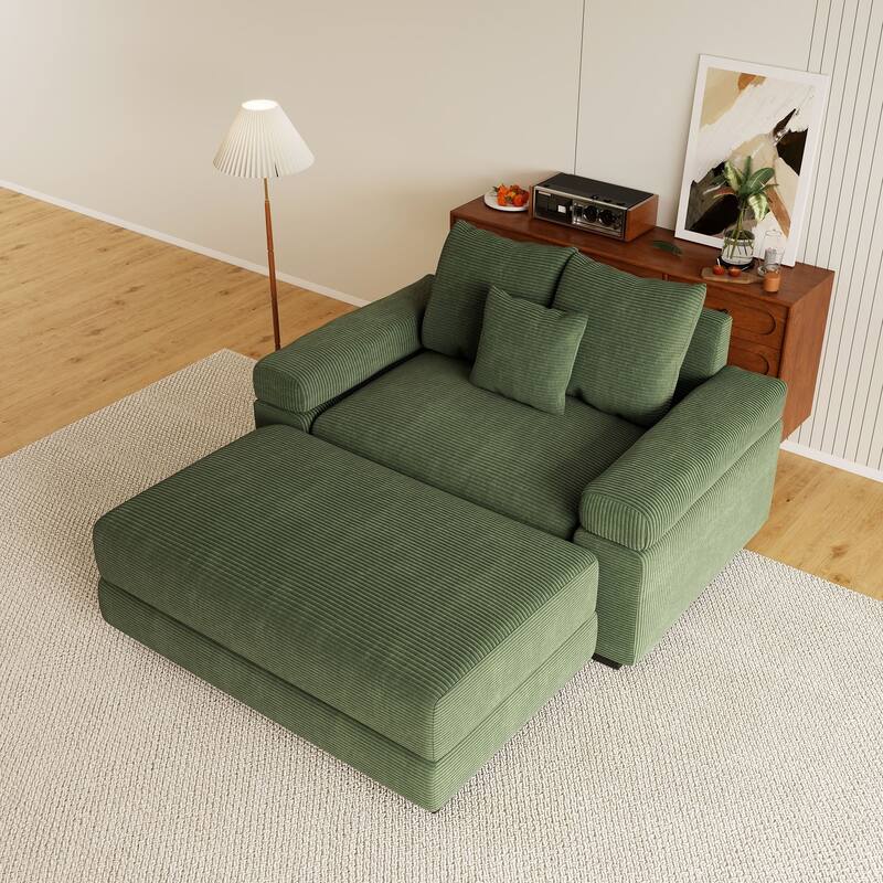 Rossetta Modern 54.3" Oversized Soft Cloud Corduroy Upholstery Extra-Thick Armrests Couch with Throw Pillows, 1 Movable Ottoman