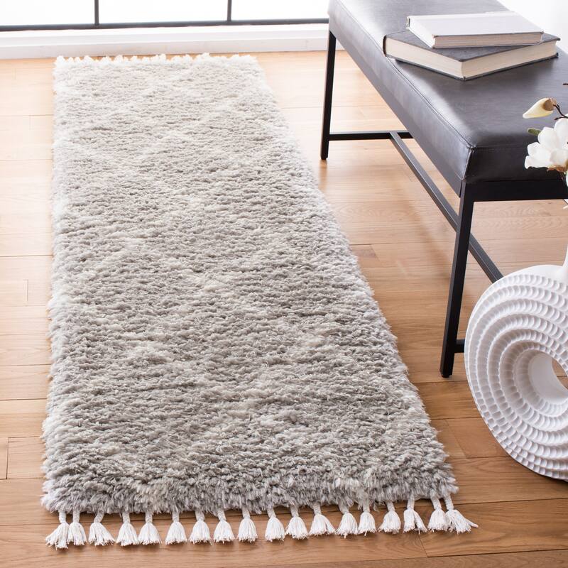 SAFAVIEH Handmade Flokati Agni Shag Solid Polyester Rug - 2'2" x 8' Runner - Light Grey/Ivory