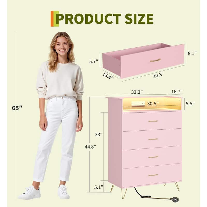 4-Drawer Dresser for Bedroom with Charging Station & RGB Lights