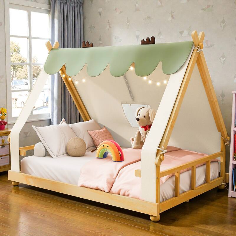 Twin/Full House Bed with Detachable Tent and Skylight, Kids Cabin Bed with Canopy, Light, and Forest-Themed Accents - White - Full