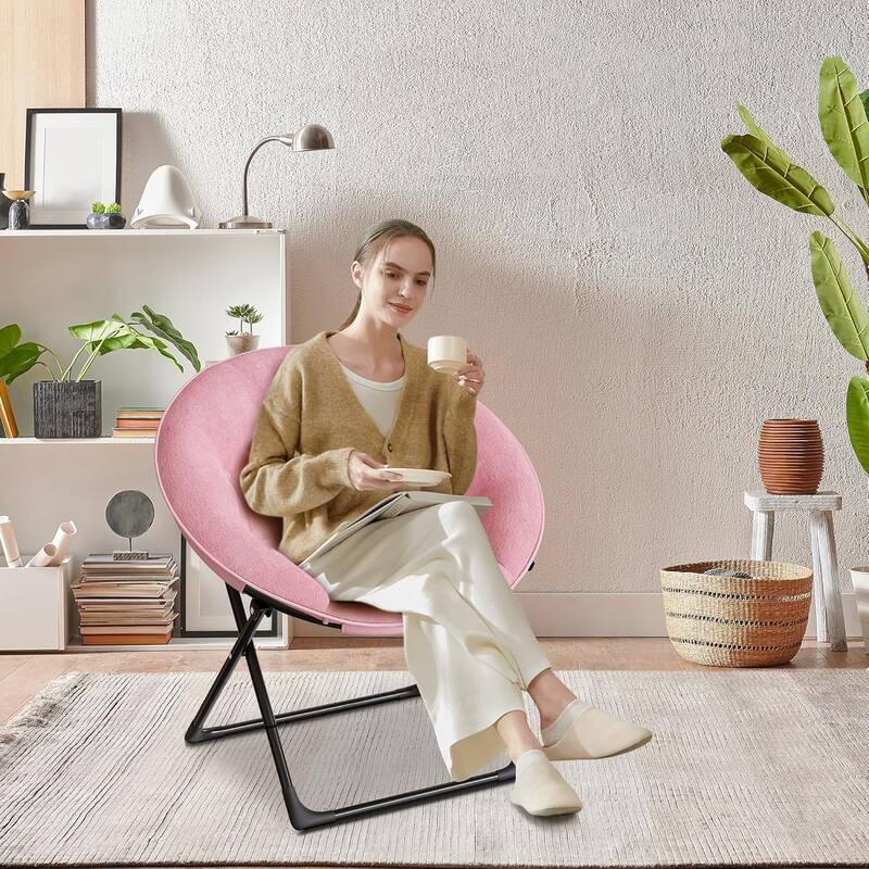 Comfy Folding Saucer Chair for Bedroom, Faux Fur Lounge Moon Chair with Sturdy Metal Frame, Oversized Plush Flower