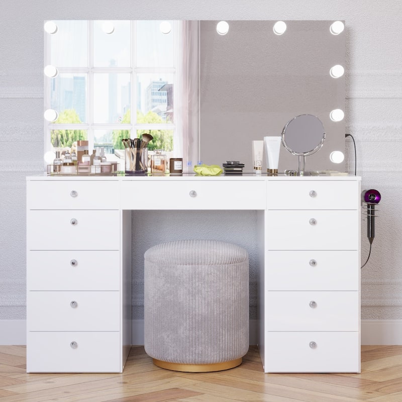 Makeup Vanity Desk, Glass Top, 12 LED Lights BT Speakers & 11 Drawers - White