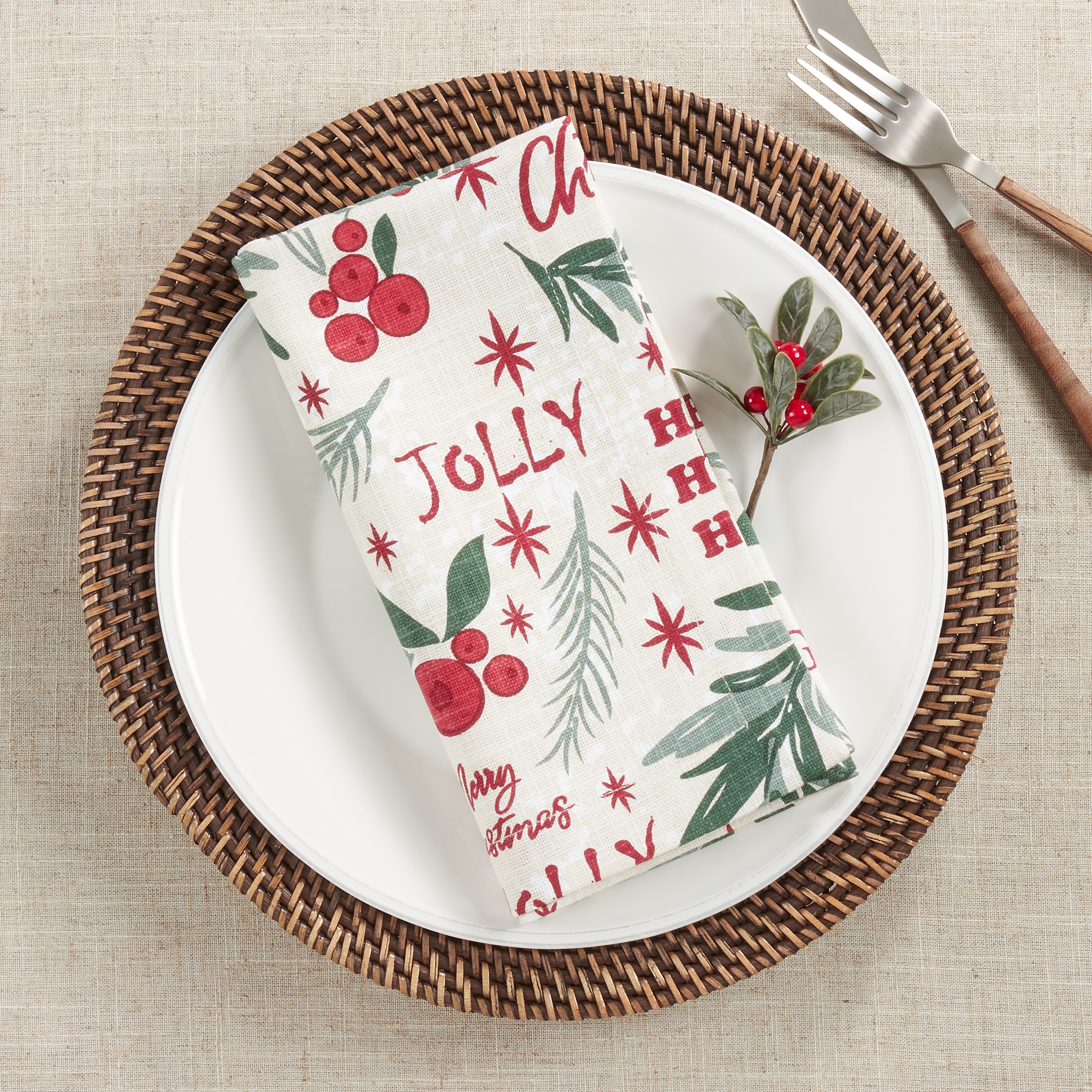 Holly Christmas Holiday Table Napkins (Set of 4)