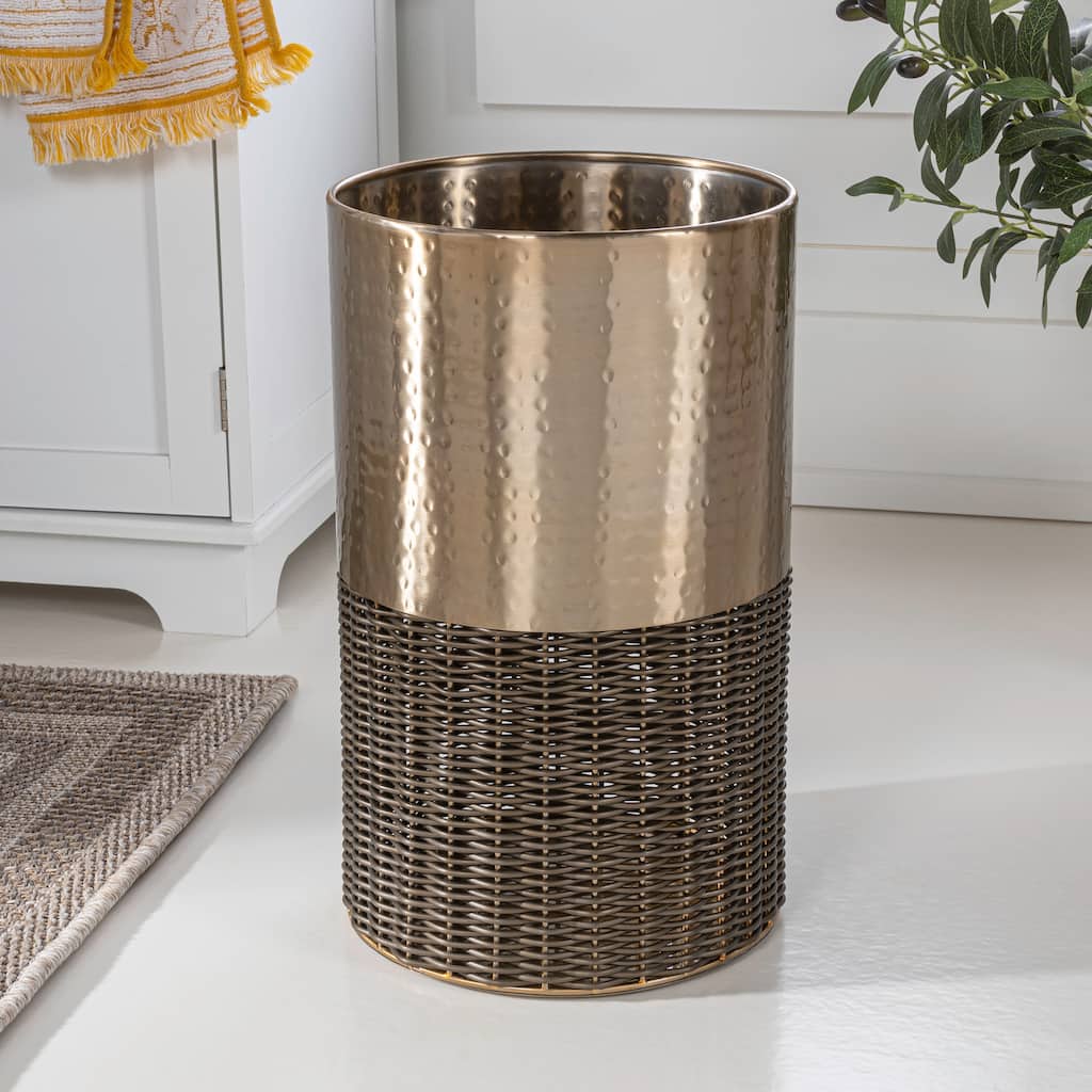 happimess Asher Modern 4.13-Gallon 2-Tone Faux Wicker/Metal Cylinder Waste Basket