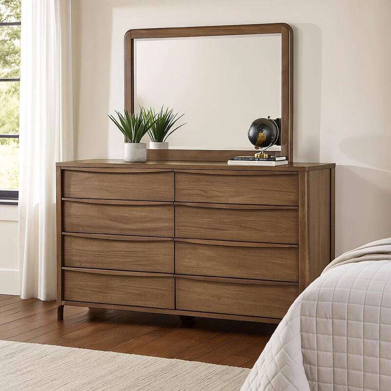 Rie Wide Dresser with Mirror, 8 Drawers, Walnut Brown, Rounded Corners